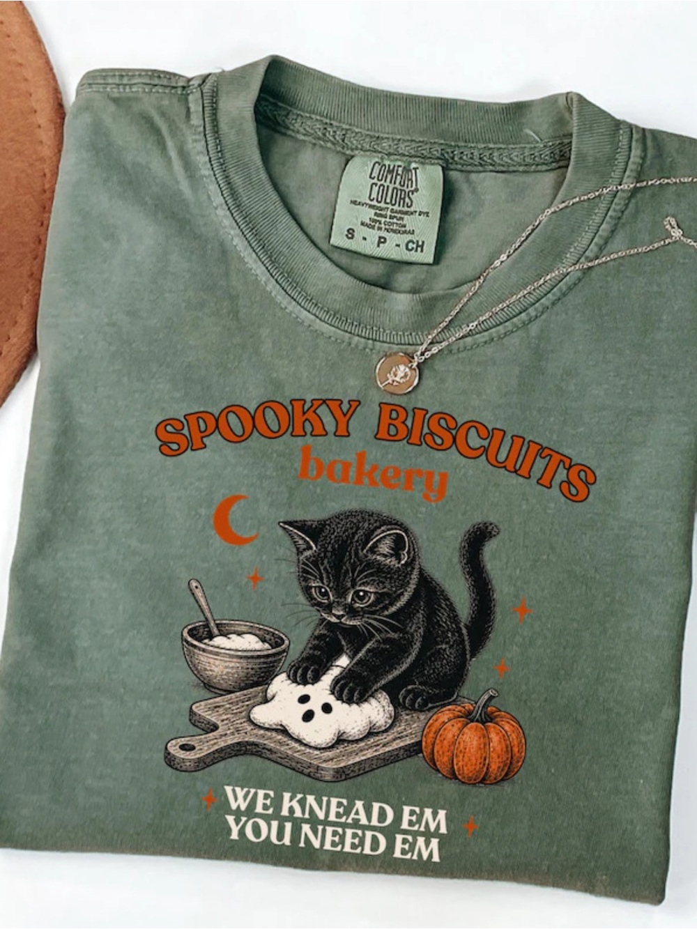 Comfort Colors Moss Green "Spooky Biscuits Bakery" Cat Graphic Tee
